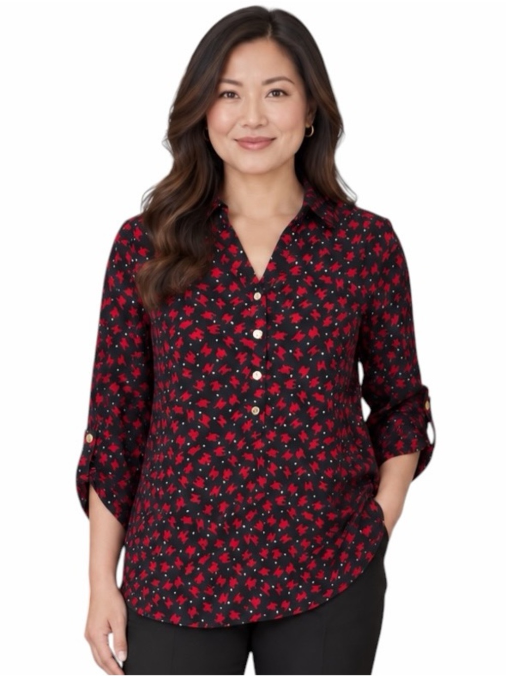 Anne Klein Medium Black & Red Abstract Print Tunic Blouse 3/4 Length Sleeves